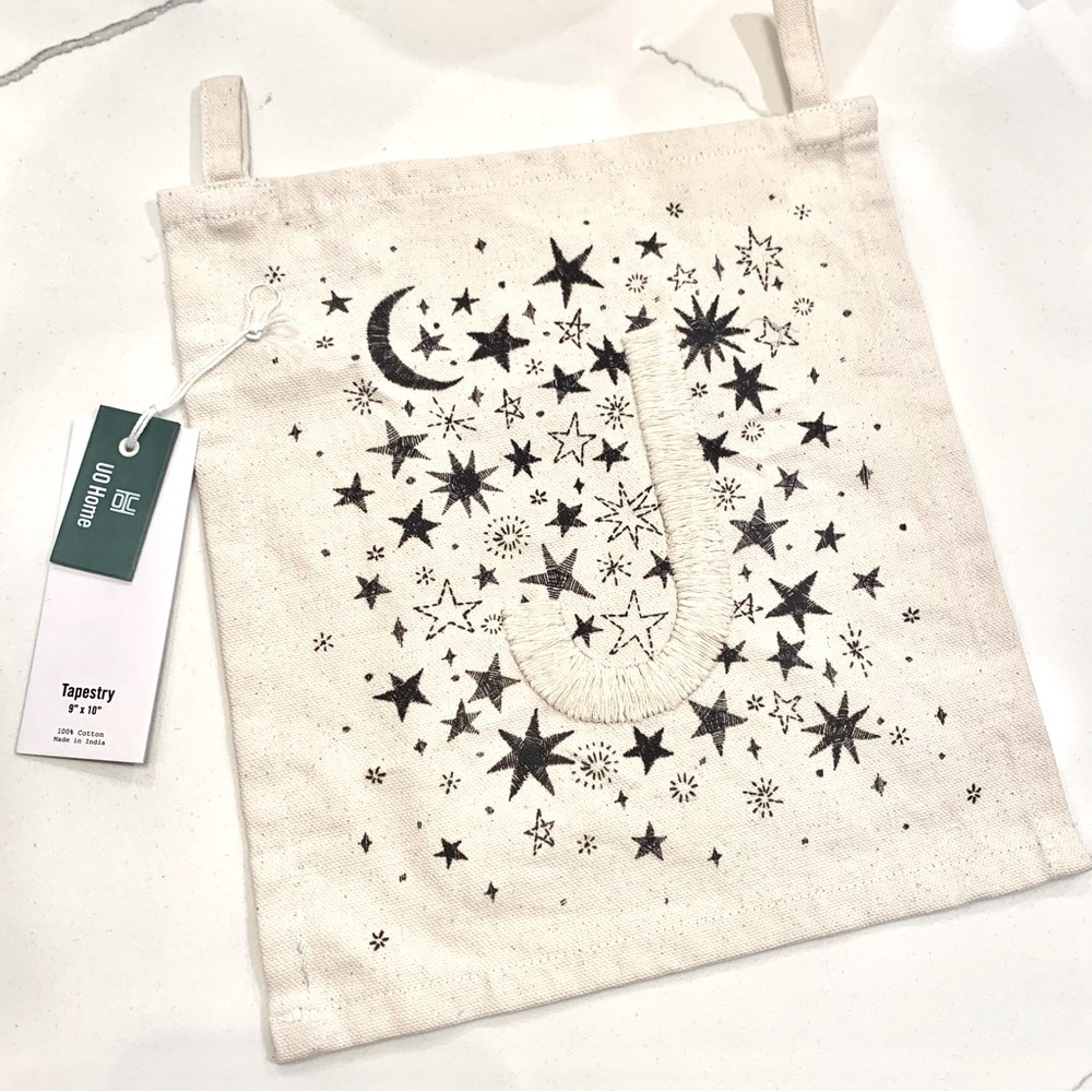 Letter J Monogram Embroidered Canvas Moon Stars Tapestry Wall Hanging Decor